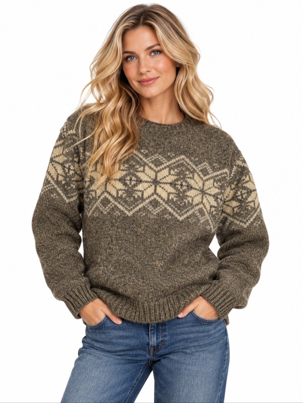 Abercrombie & Fitch Wool Sweater XL Fair Isle Nordic Snowflake Crewneck EUC